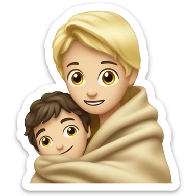 Brunette boy and blond girl hugging in a blanket  sticker