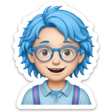 kid with teeth braces bunny eared blue haired curly big braces and glassess sticker