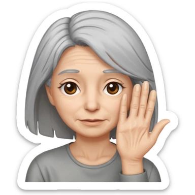 woman with gray hair and 1 palm of hand covering face sticker