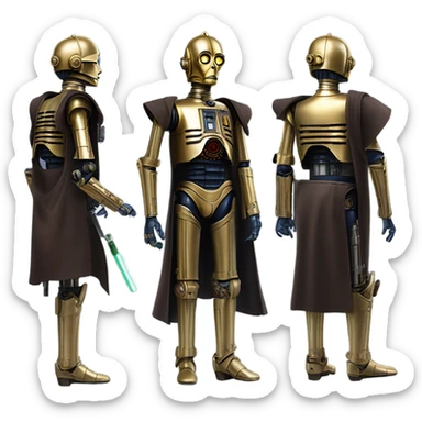well-equipped jedi first order human-sized darkblue-pearl C3po as a friendly bounty hunter droid wearing a leather attire old west duster coat holding light saber ready to fight but relaxed. antiqued sticker