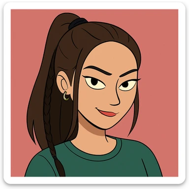 Create a modern cartoon style face closely resembling the girl in the reference image, matching her facial features, hairstyle, and expression. Make it cute with a slightly mysterious or intense vibe, capturing the essence of a contemporary cartoon character. sticker