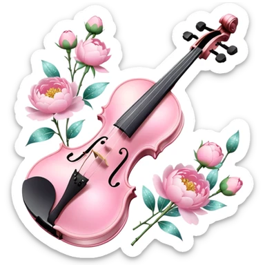 Iridescent soft pastel pink roamin romantic violin with peonies and glitter sticker