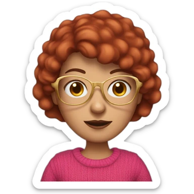 45-year-old Dutch white woman with dark red colored short hair, pink sweater and gold glasses sticker