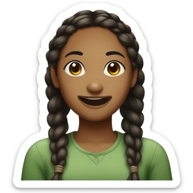 A slightly dark brown girl, with thin eyebrows, a luscious mouth, with braids, moles on her face, she laughs, she wears a green top in a slightly grunge style  sticker