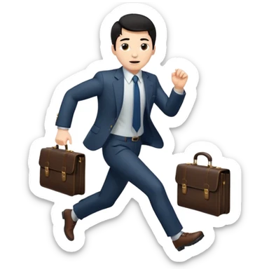 A black-haired man in a suit running with a briefcase sticker
