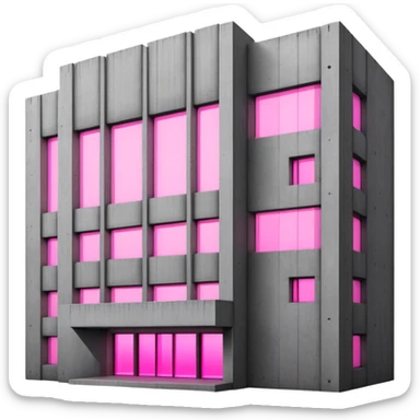 Brutalist concrete building with pink glowing window, minimalist style sticker