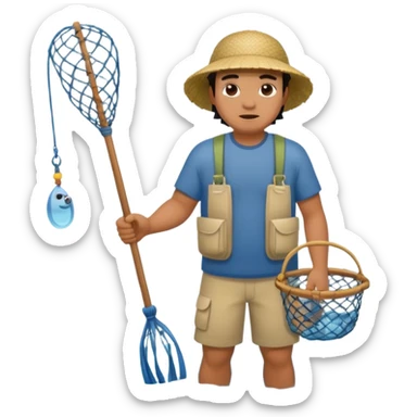 A Polynesian fisherman standing in the water with a net full of fish. The fisherman has empty hands and is standing in the water. sticker