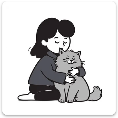 Brunette girl with dark blue sweatshirt snuggling a fluffy grey Siberian cat sticker