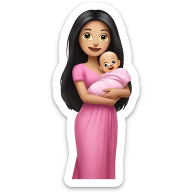 Beautiful Russian lady with very long black hair pink clothes holding baby  sticker