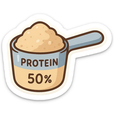 measuring spoon filled with protein to 50 percent sticker