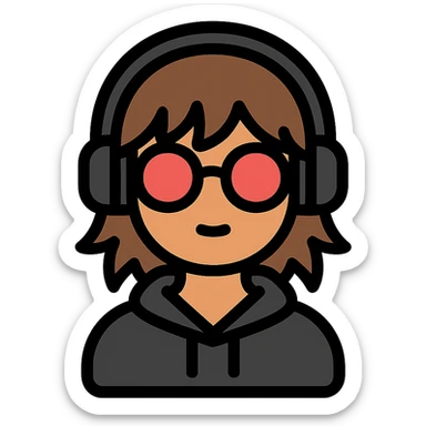 tan brunette girl with a short wolf haircut, round ruby glasses, black headphones, and a black hoodie sticker