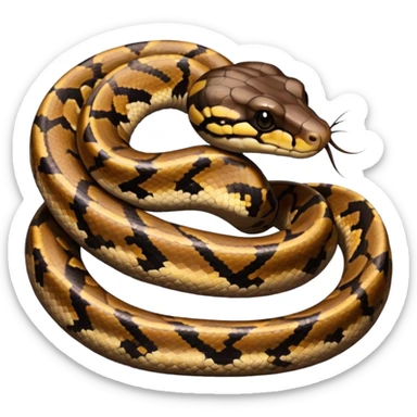 A photo-realistic top-down view of a Ball Python gently coiled into a tight spiral, with its head resting peacefully at the center. Its scales are warm brown with bold, irregular black markings, including the distinctive “alien-head” pattern, flowing smoothly along its body.  sticker