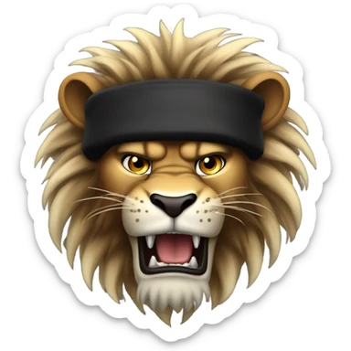 angry lion with metal claws and huge mane with black beanie hat sticker