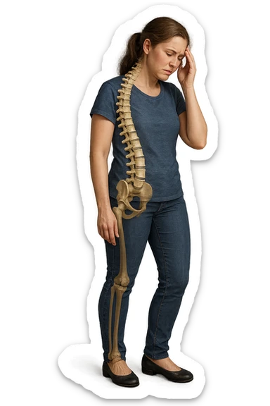 donna stanca a figura intera che si tiene una mano sulla tempia con spina dorsale anatomica visibile, iperrealistico 4k sticker