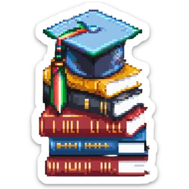 abstract pixel art, simple 3 books stack with graduation cap, minimal details sticker