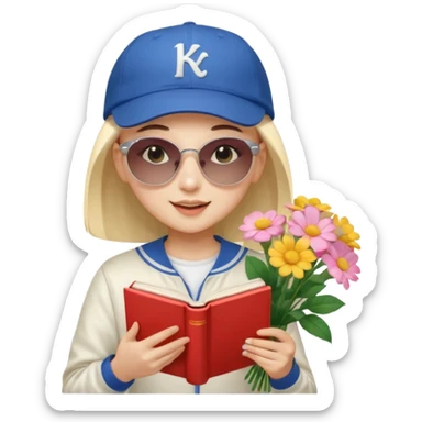 ["A happy girl with light skin, bald, wearing a baseball cap and sunglasses, dressed in K-pop fashion, is reading a book while holding a flower bouquet."] sticker