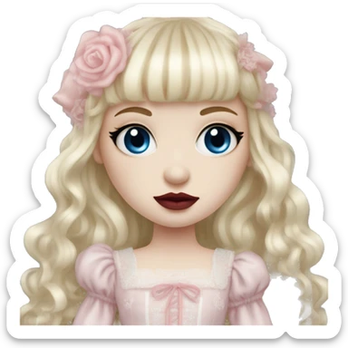 russian pale girl with long blond hair and bangs, red lips, pink cheeks, long eyelashes, big blue eyes, pink wedding dress with laces, gothic Lolita doll look sticker