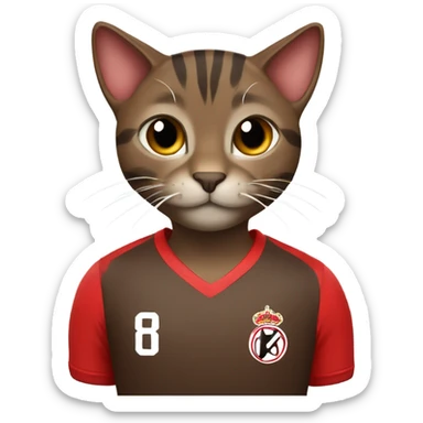 Dark brown tabby cat that is a soccer player with a red jersey sticker