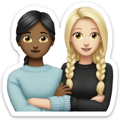 Blonde white girl wearing light blue sweater hugging black haired white girl wearing black sweater sticker