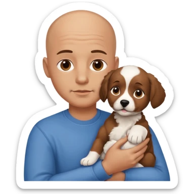 Bald guy with brunette and white puppy sticker