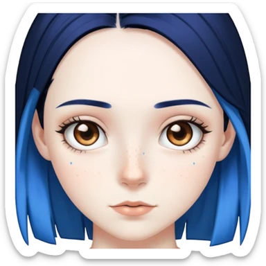 Pale girl with brown eyes and freckles, black hair, with two strips of blue hair sticker