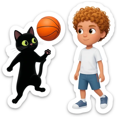 Black cat playing with orange basketball and a little white boy with curly hair sticker