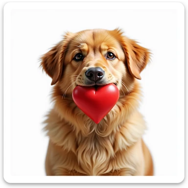 realistic Golden Retriever and Chow Chow mix dog holding a bright red heart in its mouth, realistic fur, friendly expression, white background sticker
