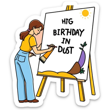 Woman painter/artist painting a big canvas that reads “ANOTHER ONE BITES THE DUST - HAPPY BIRTHDAY” in 60’s hippie style painting sticker