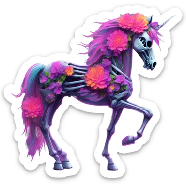 Neon Zombie Pegasus unicorn skeleton psychedelic flowers floral groovy art neon rave raving sticker