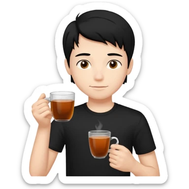 The boy teen have a black hair, and black T-shirt with a cup of tea. blue background  sticker