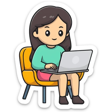 girl with long dark hair using a laptop on a chair sticker