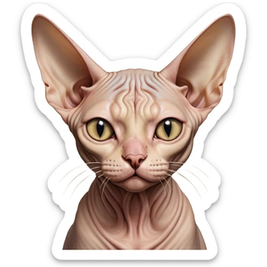 Cinematic Meme-Worthy Grumpy Sphynx Cat Portrait Emoji, Head held high but eyes filled with dramatic disappointment, hairless, wrinkled skin forming deep furrows of discontent, large ears positioned like tiny radar dishes of judgment, signature scowling mouth and narrowed eyes radiating pure disapproval, Simplified yet hilariously over-exaggerated features, highly detailed, glowing with an aura of supreme annoyance, high shine, exhausted yet judgmental, stylized with an almost regal pettiness, bright but brooding, soft glowing outline, capturing the essence of a feline that has seen it all and is thoroughly unimpressed, so meme-worthy it feels like it could instantly become the next viral sensation of grumpiness! sticker