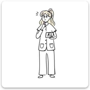 blonde female physical therapist with ponytail, thoughtful expression, wearing scrubs sticker