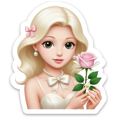 a beautiful aesthetic single rose in white and pink with an ivory bow and a pearl white perfume bottle with a white daisy on the cork sticker