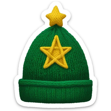 A knit hat like a Christmas tree，The bottom is wide enough for people to wear and has a yellow pentacle on top. sticker