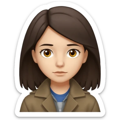Hobo tomboy with shoulder-length dark brown hair that is parted in the middle. brown eyes, dark dull brown coat, grey shirt. sticker