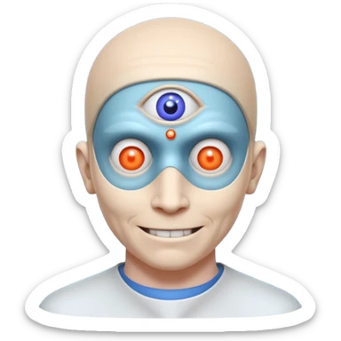 mutant test subject portrait, head and shoulders only, third eye on forehead, pale skin, creepy calm smile, lab experiment style, 3D cartoon, mobile game icon style, clean background, no text, no watermark

 sticker