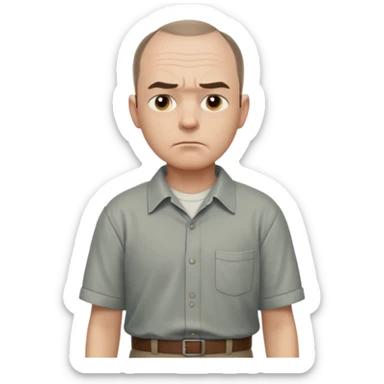 Carl from Sling Blade, serious expression, recognizable features, chin sticking out, slouching posture, no glasses, shirt with collar,  side view,show his entire body, he is standing. three-quarter face angle. He sticks his head forward sticker