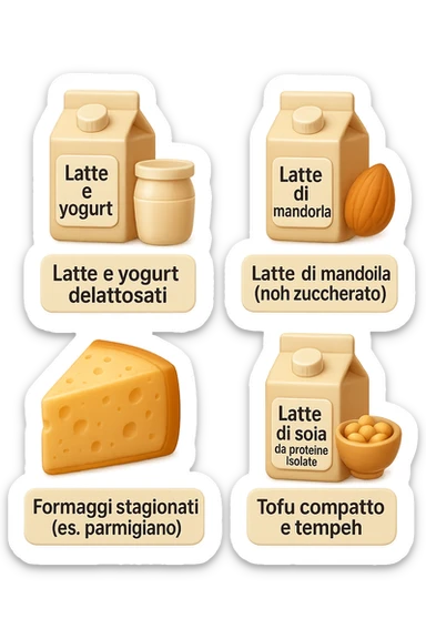 emoji stile iphone 3d di questi elementi che fluttuano in aria:

Latte e yogurt delattosati
Latte di mandorla (non zuccherato)
Latte di soia da proteine isolate
Formaggi stagionati (es. parmigiano)
Tofu compatto e tempeh
 che fluttuano in aria,  le etichette scrivile in italiano, iperealistico 4k sticker