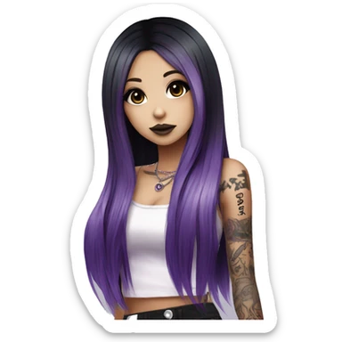 hime gyaru girl, long straight black and purple hair, tattoos, dark makeup,  sticker