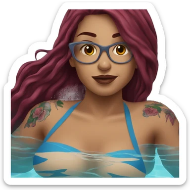 Beautiful tattooed  burgundy long haired woman swimming in a pool sticker