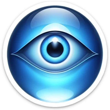 Cinematic Realistic image of a glass Evil Eye blue stone, rendered with translucent, luminous blue hues and finely cut facets that catch soft reflective light, set against a dark, minimalist backdrop to emphasize its mystical allure. sticker
