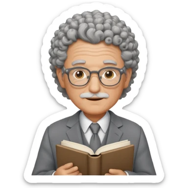 elderly male, curly hair, holding book, wearing gray suit sticker