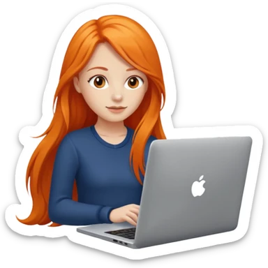 a girl who has a long orange hair is using a laptop sticker