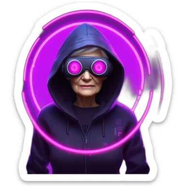 Russian old woman wearing a black hoodie with "OMG" letters on it and VR headset in a cyberpunk VR environment with violet neon lighting. sticker