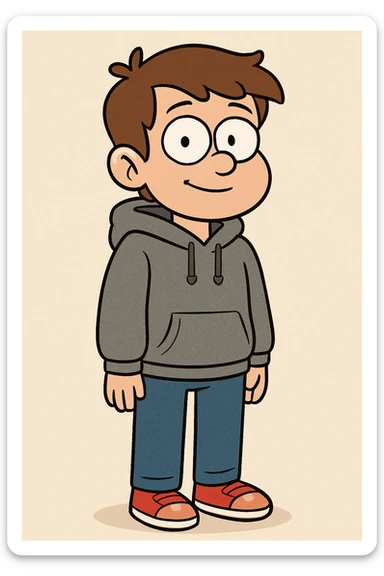 a boy brown hair grey awdis kids hoodie blue jeans red shoe  sticker