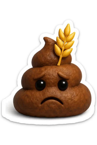 emoji stile iphone di una montagnetta di feci umane realistiche a palline tristi con sopra un simbolo del grano, iperrealistico 4k sticker