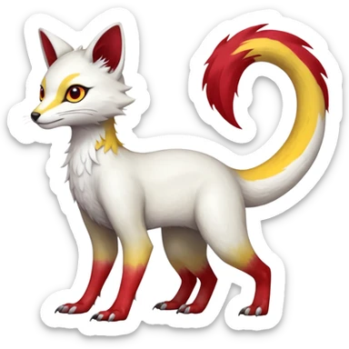  Hyper-realistic smooth Asian oriental painted silky soft White white with red gradients, and yellow slit eyes markings beautiful handsome gorgeous aesthetic vibrant Vernid-Trico-species-Fakemon-creature by LiLaiRa, 4 legs, 1 tail, random markings, (full body) sticker
