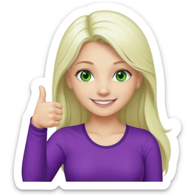 Long platinum blonde hair girl with green eyes in purple top with thumbs up  sticker