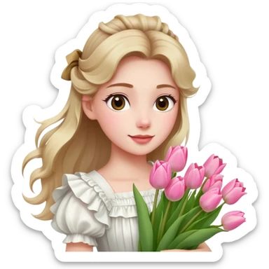  A girl with a half-up half-down hairstyle, and a white ruffled top, enjoying the spring breeze.Holding a bundle of pink tulips sticker